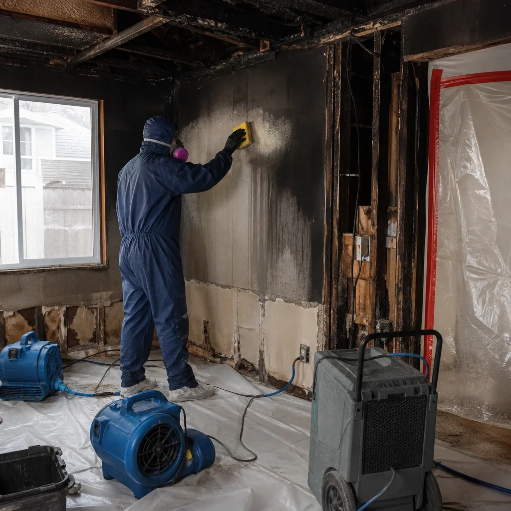 Technician performing professional fire and smoke damage restoration on a charred wall
