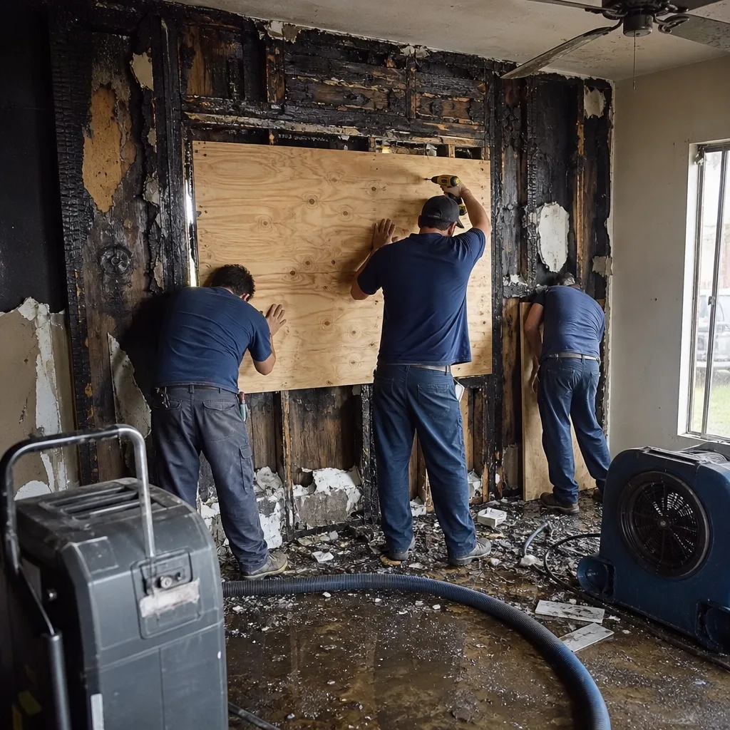 Technicians performing professional fire and smoke damage restoration and structural repairs.