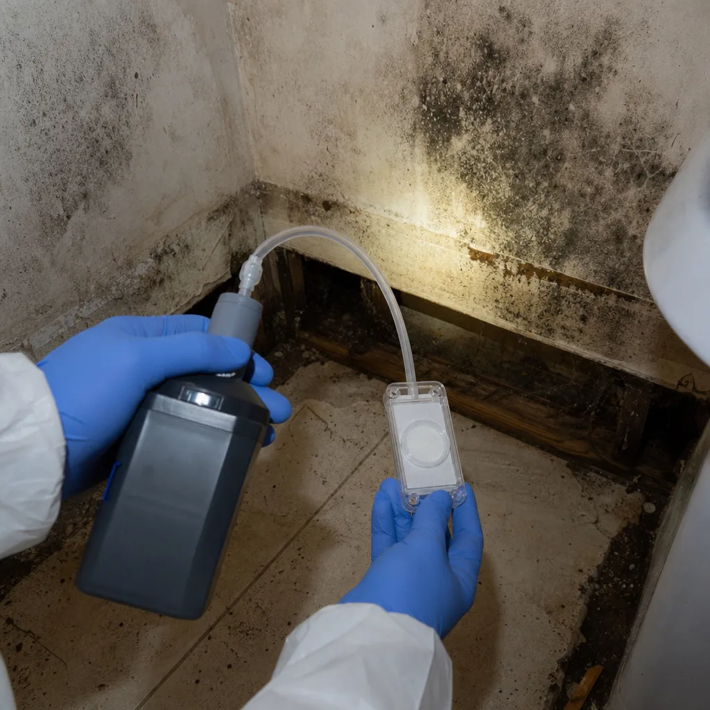 Technician using air sampling equipment for professional mold remediation and testing