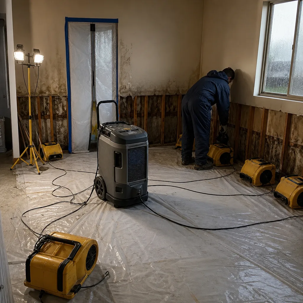 Water damage restoration professional using industrial drying equipment in a residential room.