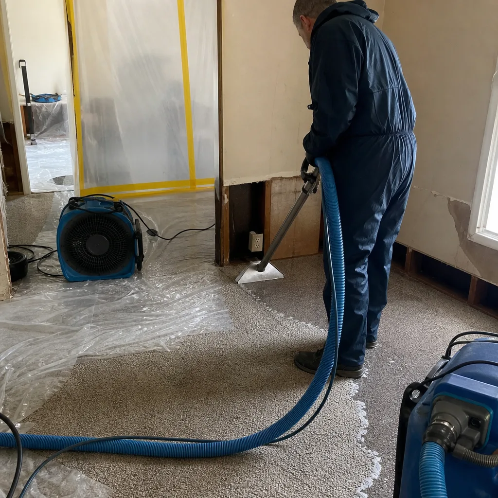 Technician performing water damage restoration on carpet with industrial equipment